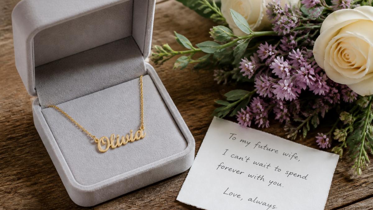 Close-up of a personalized name necklace in a soft touch gift box beside a handwritten note and a small bouquet of flowers on a wooden table