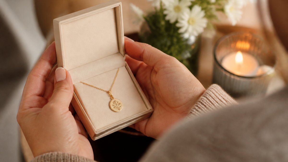 Close-up of hands holding an open jewelry box with a delicate personalized necklace featuring an engraved pendant, soft natural lighting, blurred warm background suggesting a meaningful moment of gift-giving