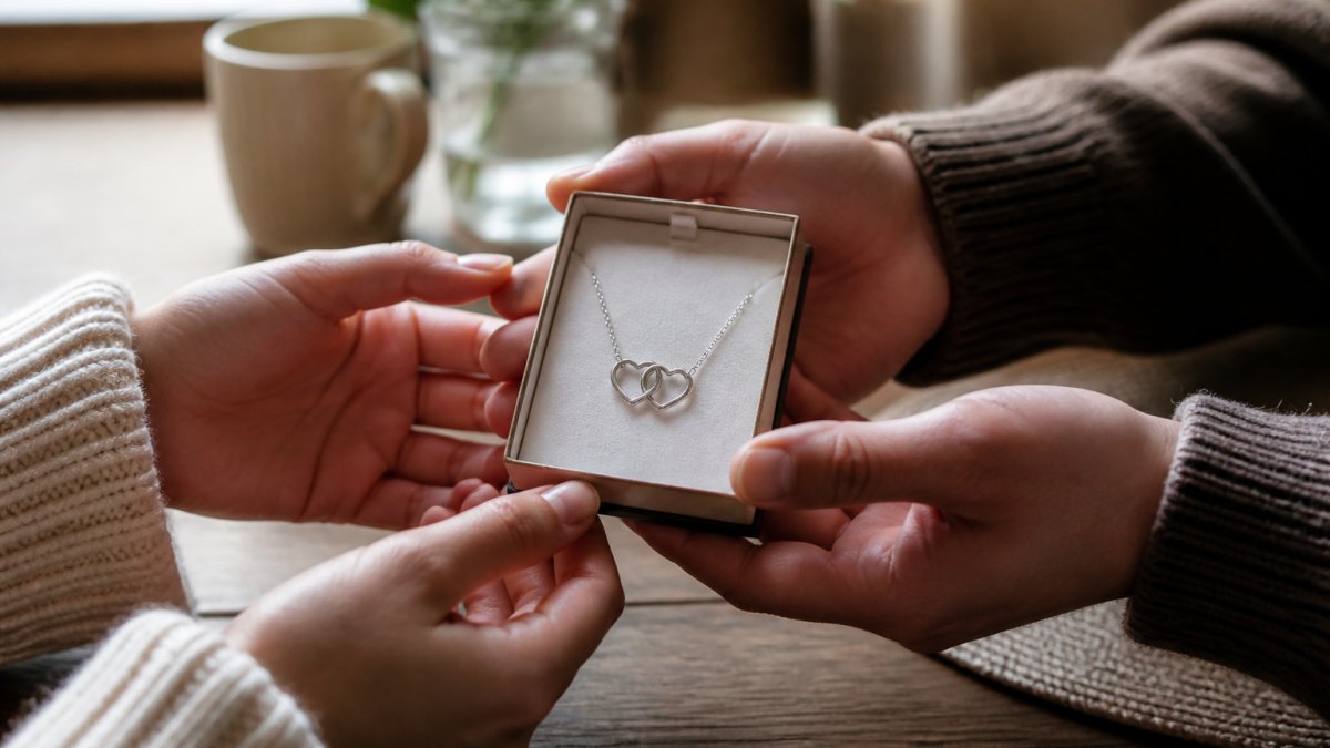 Close-up of hands exchanging a delicate personalized necklace with interlocking hearts, soft natural lighting, warm neutral background