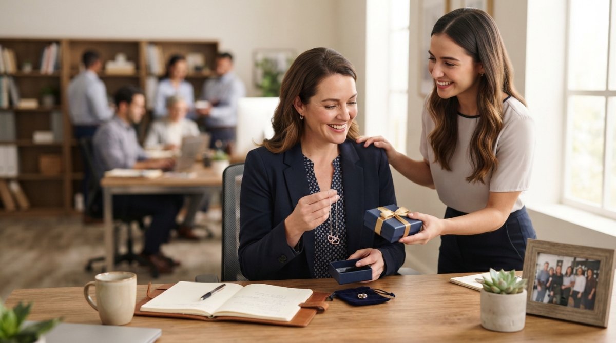 Business professional presenting a thoughtfully wrapped gift to a colleague in a modern office setting, both smiling with genuine appreciation and warm eye contact