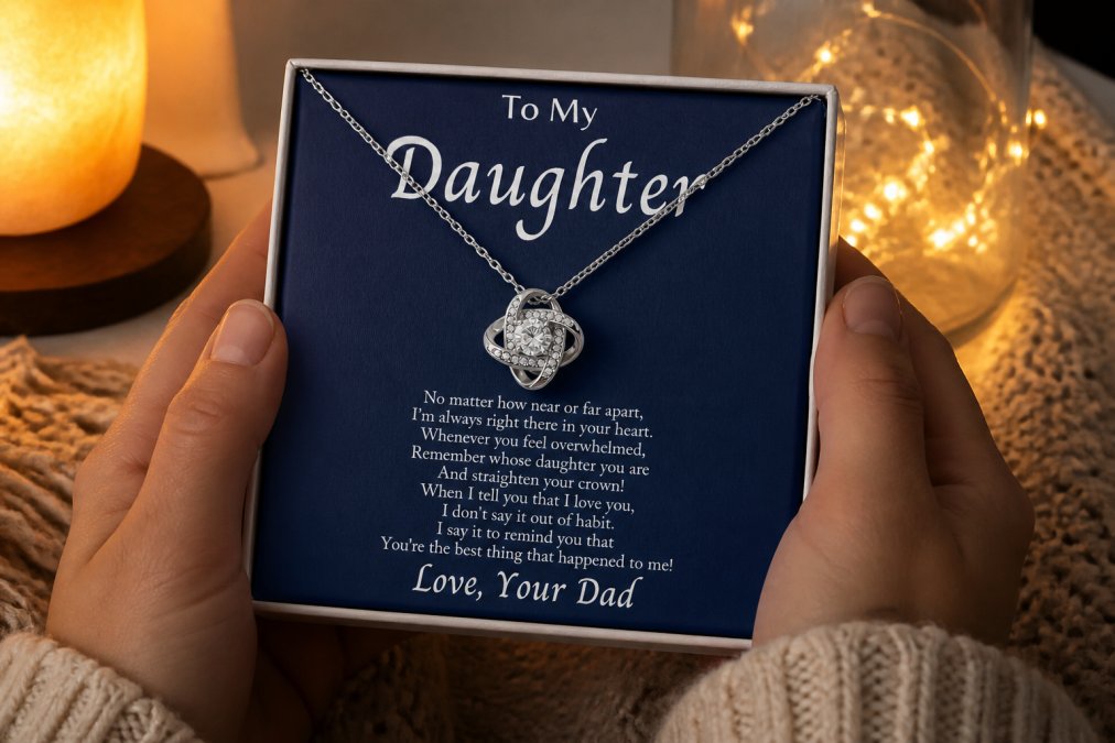 Close-up of hands holding acrylic plaque with coordinates and heartfelt message, soft LED lighting illuminating the text in background