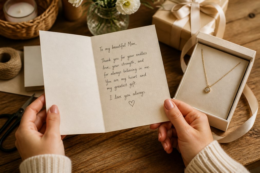 Close-up of hands holding an open custom message card next to an elegant necklace displayed in its gift box, warm golden lighting highlighting the personalized handwritten text on cream cardstock