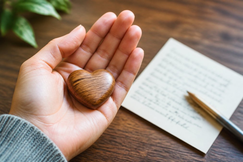 Close-up of a small wooden pocket hug token resting in an open palm, alongside a handwritten note on a wooden table with soft natural light