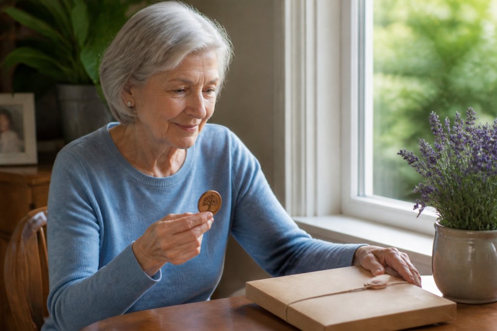 An older woman sitting by a window, holding a small wooden keepsake token and smiling gently, with a letterbox-sized gift envelope resting on the table beside her in soft afternoon light