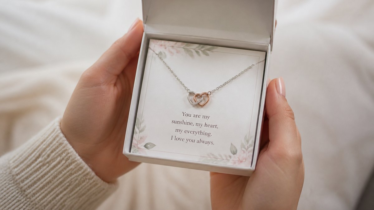Close-up of hands holding an open jewelry box with a delicate personalized necklace and custom message card inside, soft natural lighting highlighting the gift's elegance
