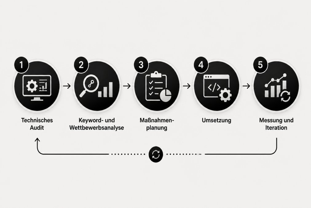 Ablaufdiagramm der SEO-Strategiephasen: 1. Technisches Audit, 2. Keyword- und Wettbewerbsanalyse, 3. Maßnahmenplanung, 4. Umsetzung, 5. Messung und Iteration