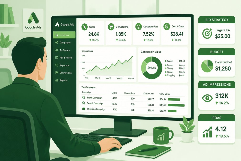 Marketing professional reviewing Google Ads campaign performance metrics on desktop monitor in modern office, with analytics dashboard visible showing conversion data and bid strategy details