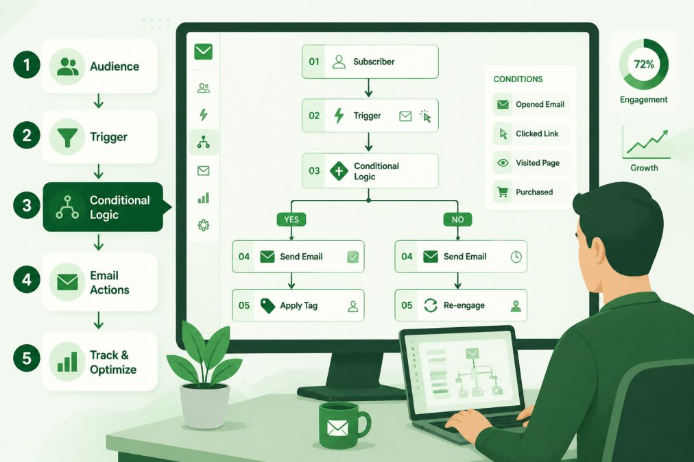 Marketing team member setting up conditional logic in email automation platform, with workflow diagram visible on screen showing branching paths based on subscriber behavior and engagement triggers