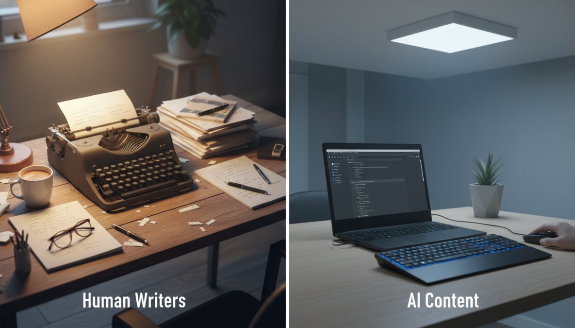 A content strategist and a developer sitting side by side at a desk, one reviewing a written article on paper while the other works on a laptop with an AI writing interface on screen, in a modern open-plan office with warm overhead lighting