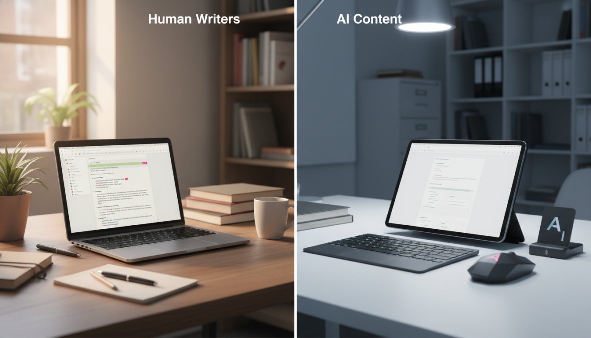 A small marketing team of four people gathered around a whiteboard covered in colorful sticky notes and handwritten workflow steps, actively discussing and pointing at sections of a content strategy plan in a bright, sunlit creative workspace with floor-to-ceiling windows