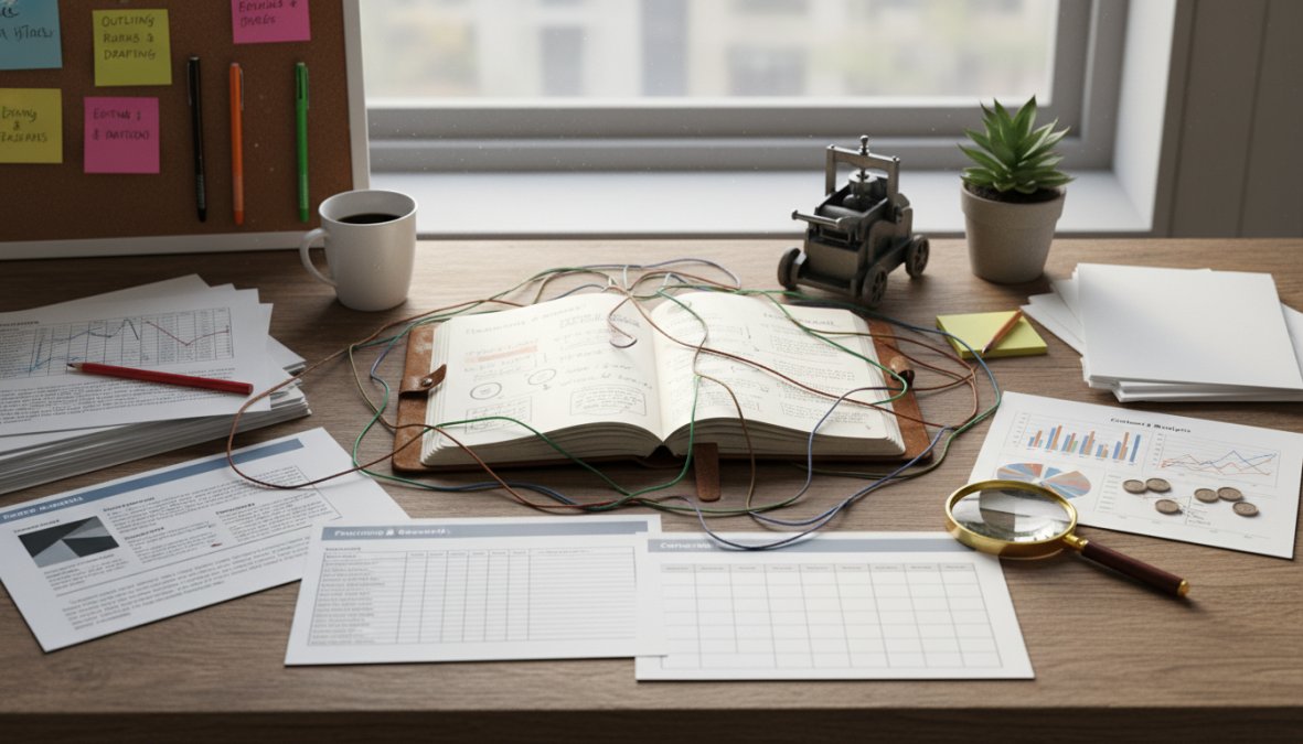 A focused content marketer working at a desk with multiple browser tabs open, sticky notes on a monitor, and a printed content calendar visible beside the keyboard in a bright modern office with natural window light