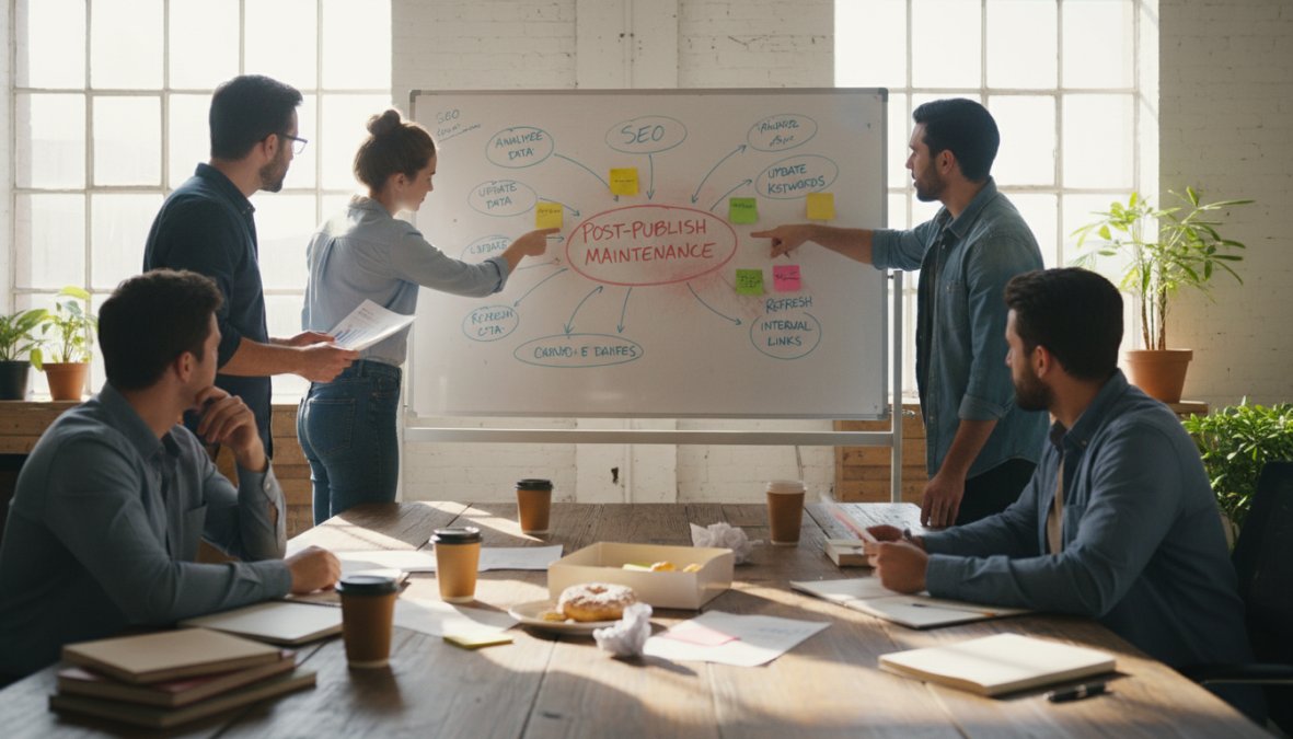 A small marketing team of three people gathered around a laptop reviewing analytics dashboards together, one person pointing at the screen, seated at a bright collaborative workspace with whiteboards visible in the background