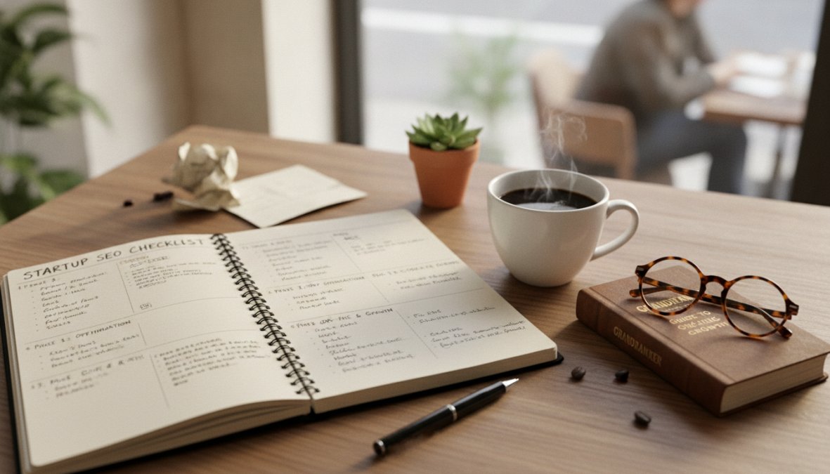 Founder sitting at desk reviewing SEO checklist on laptop with notebook and coffee nearby, natural office lighting