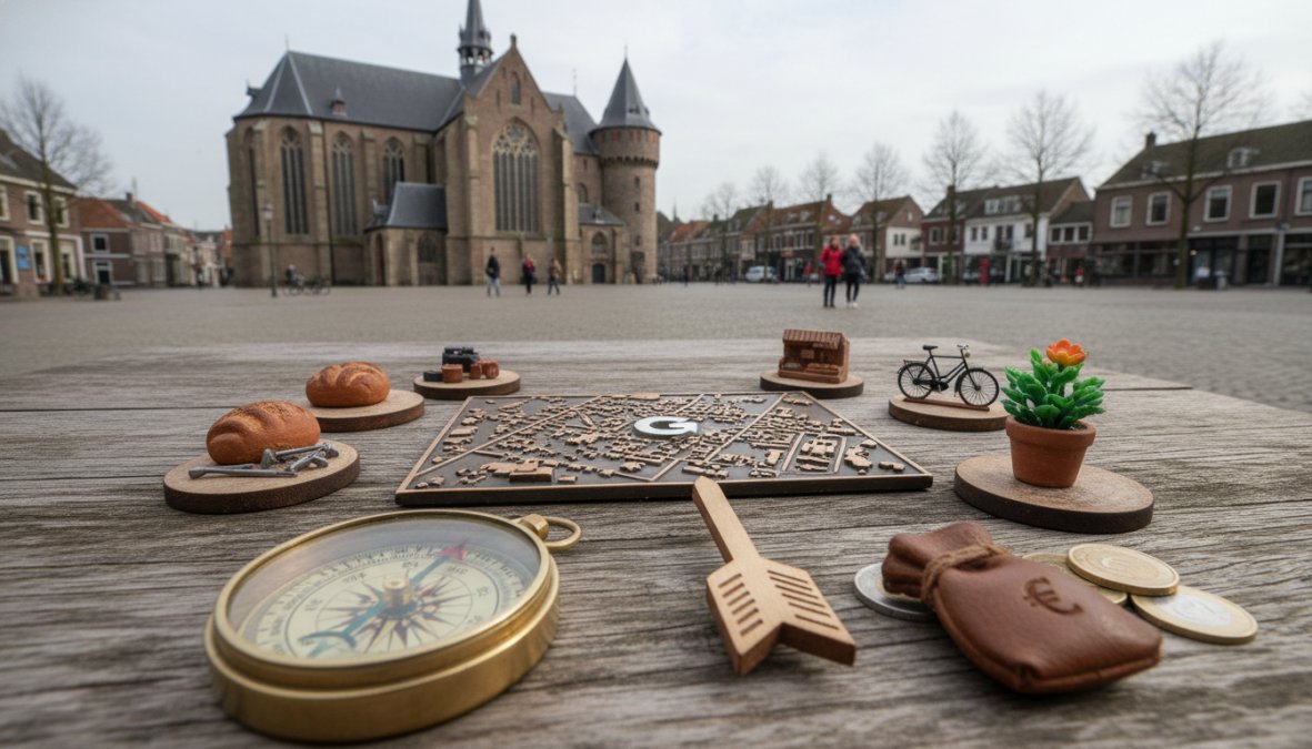Een kleine ondernemer in een Nederlandse winkelstraat in Helmond die zijn smartphone vasthoudt waarop Google Maps open staat met lokale zoekresultaten zichtbaar op het scherm, warm daglicht op de gevel achter hem