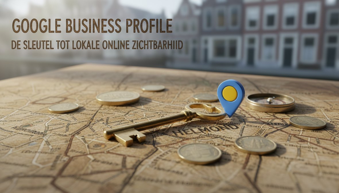 Een kleine ondernemer in een Nederlandse winkelstraat in Helmond die zijn smartphone vasthoudt waarop Google Maps open staat met lokale zoekresultaten zichtbaar op het scherm, warm daglicht op de gevel achter hem