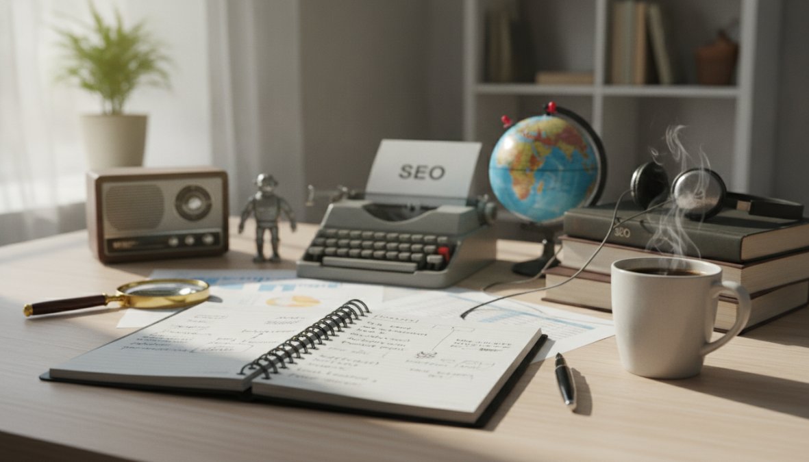 A focused professional reviewing SEO analytics dashboards on a large monitor in a modern home office, warm desk lamp illuminating a notebook filled with content planning notes and a half-finished coffee beside the keyboard