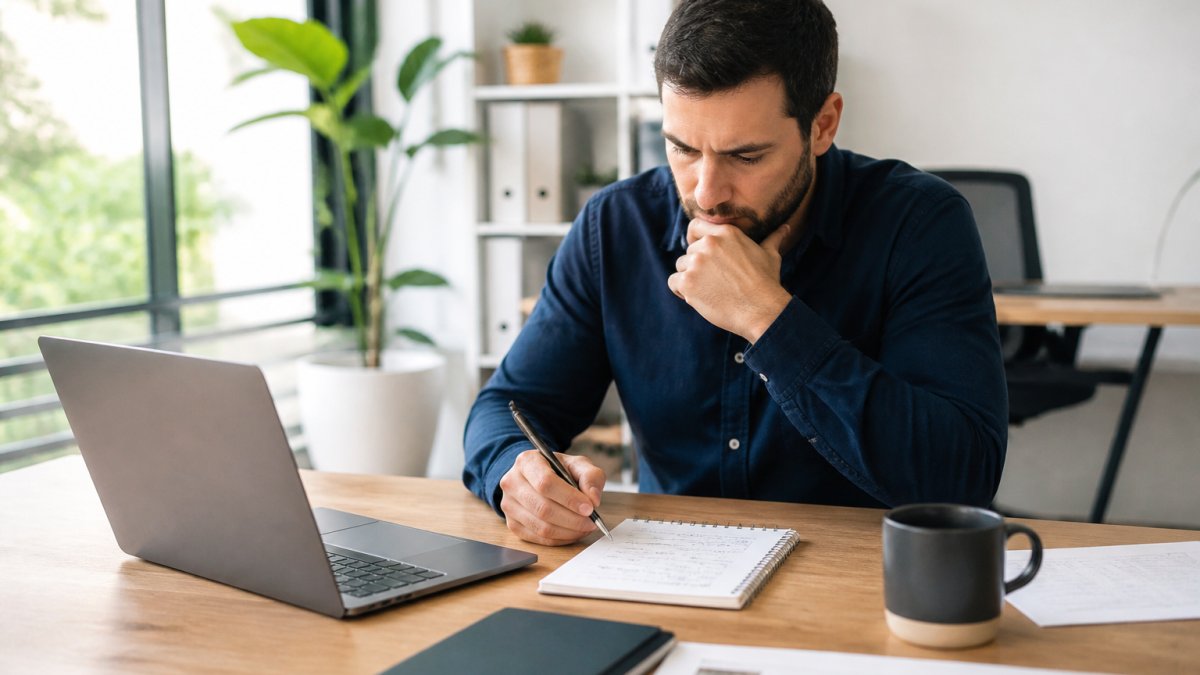 Persona revisando en un portátil la estructura de categorías de una tienda online, con notas y un café sobre la mesa en una oficina luminosa