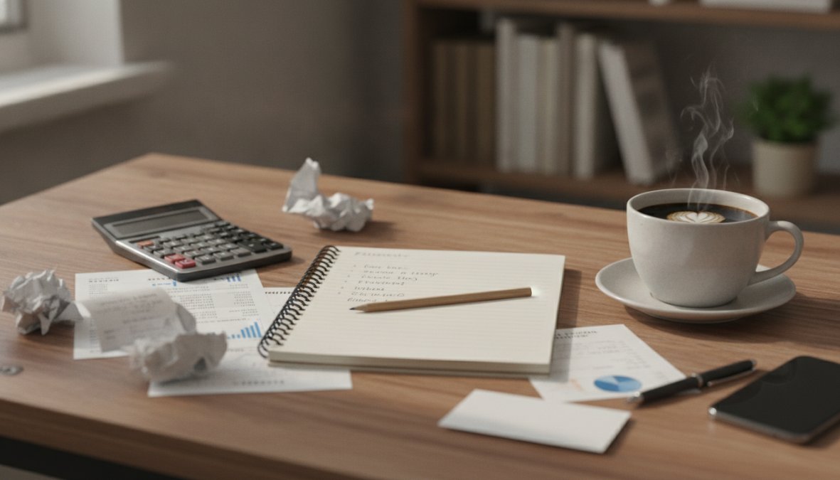 A small business owner sitting at a desk reviewing a digital marketing proposal on a laptop, with a notepad and coffee nearby, in a bright home office setting