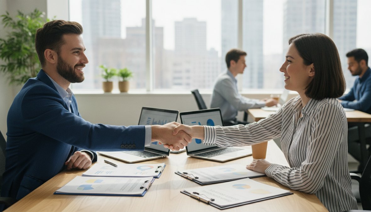 A professional consultant and a small business owner shaking hands across a meeting table with laptops and printed reports visible, in a modern office environment
