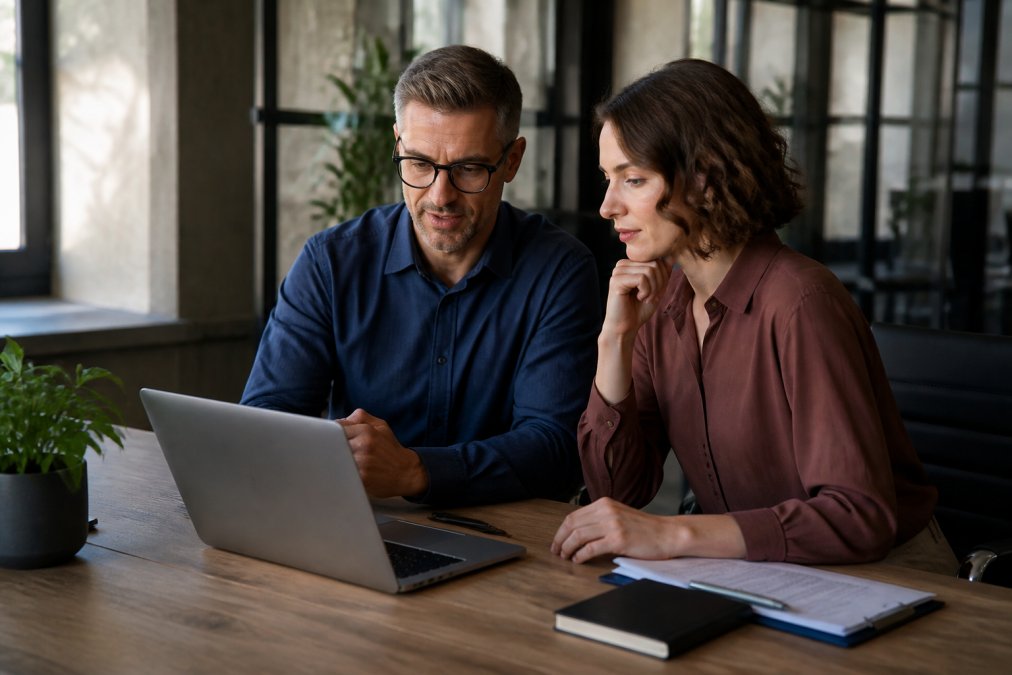 A small business owner and a marketing consultant sitting together at a desk, reviewing website analytics on a laptop screen in a bright, professional office setting