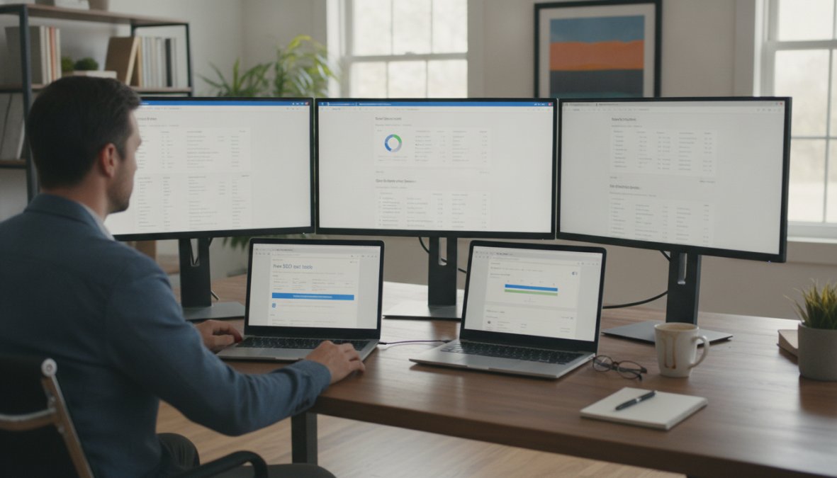 Professional sitting at desk with multiple monitors displaying SEO dashboards, analytics reports, and ranking data in modern office setting with natural window lighting