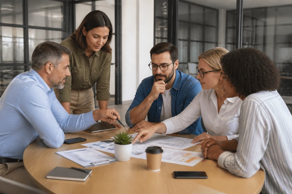 Marketing team reviewing SEO audit results and analytics dashboard on a laptop in a modern office environment, with team members pointing at metrics and discussing organic traffic growth