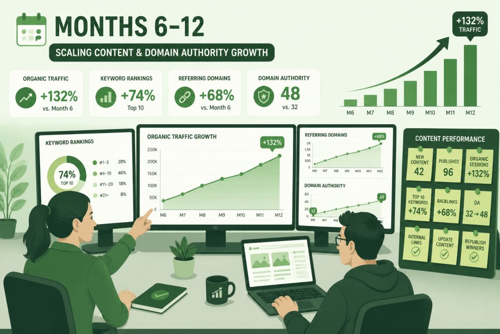 Content strategist and developer collaborating at a desk with multiple monitors showing ranking improvements and organic traffic growth charts, with sticky notes tracking content performance