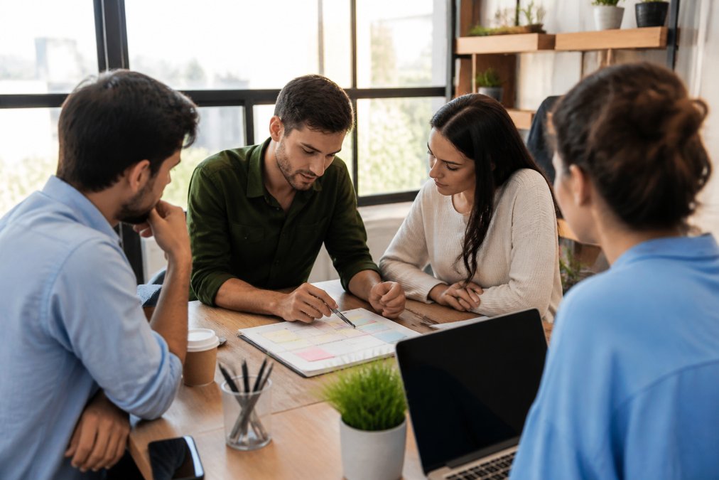 Marketing team collaborating on analytics dashboard and content calendar on desktop monitor in bright modern office with natural window lighting