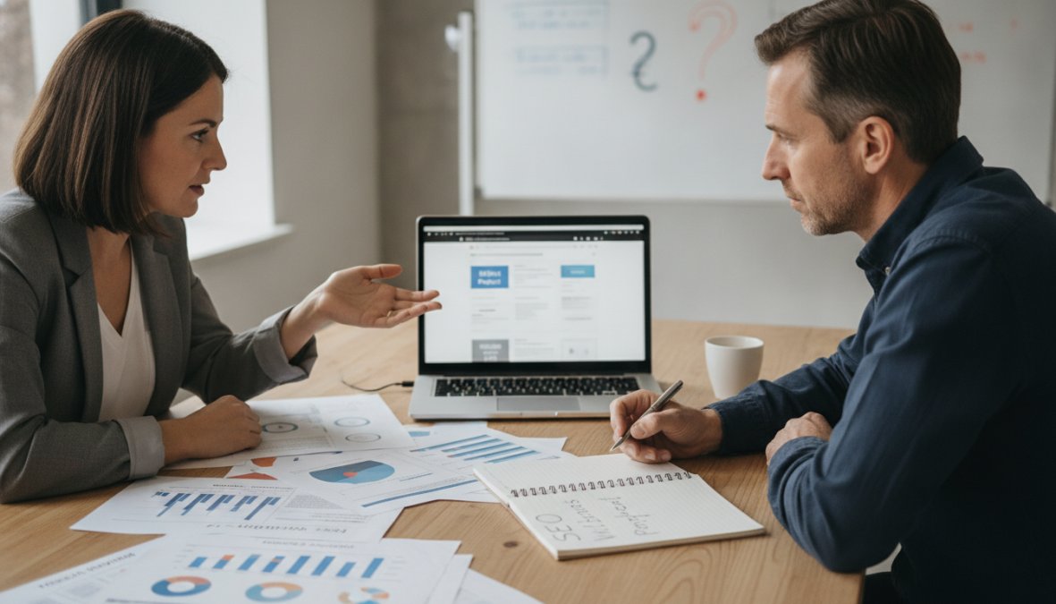 A small business owner and a web designer discussing a project proposal at a desk with a laptop open showing a website mockup, warm office lighting, both looking at the screen