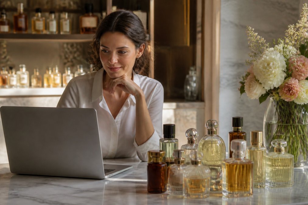 Woman browsing a luxury perfume shop on her laptop as a Sephora alternative while elegant bottles sit on a marble desk