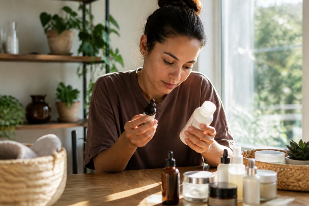 Woman examining skincare product bottles and reading ingredient labels at home, natural lighting streaming through window, focused expression studying product information