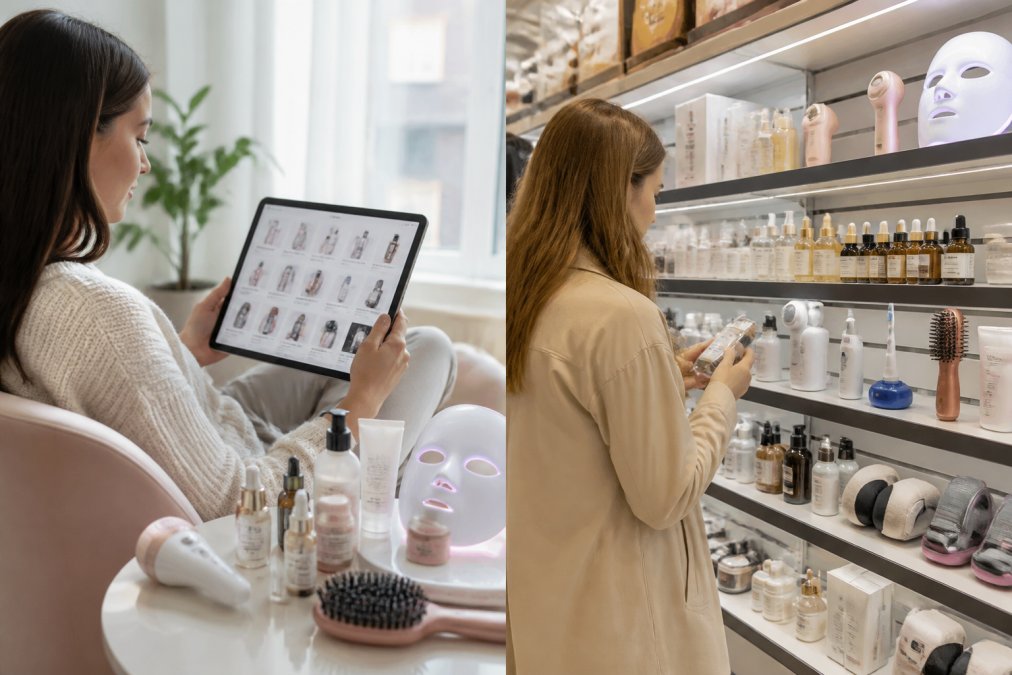 Woman browsing beauty products on a tablet at home, with skincare bottles and makeup items arranged neatly on a minimalist desk beside her, soft natural window lighting