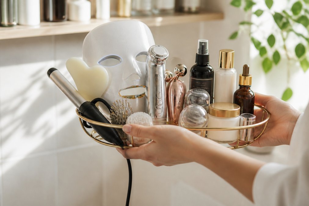 Close-up of hands holding a curated selection of skincare bottles and beauty products, arranged neatly on a minimalist bathroom shelf with soft morning light