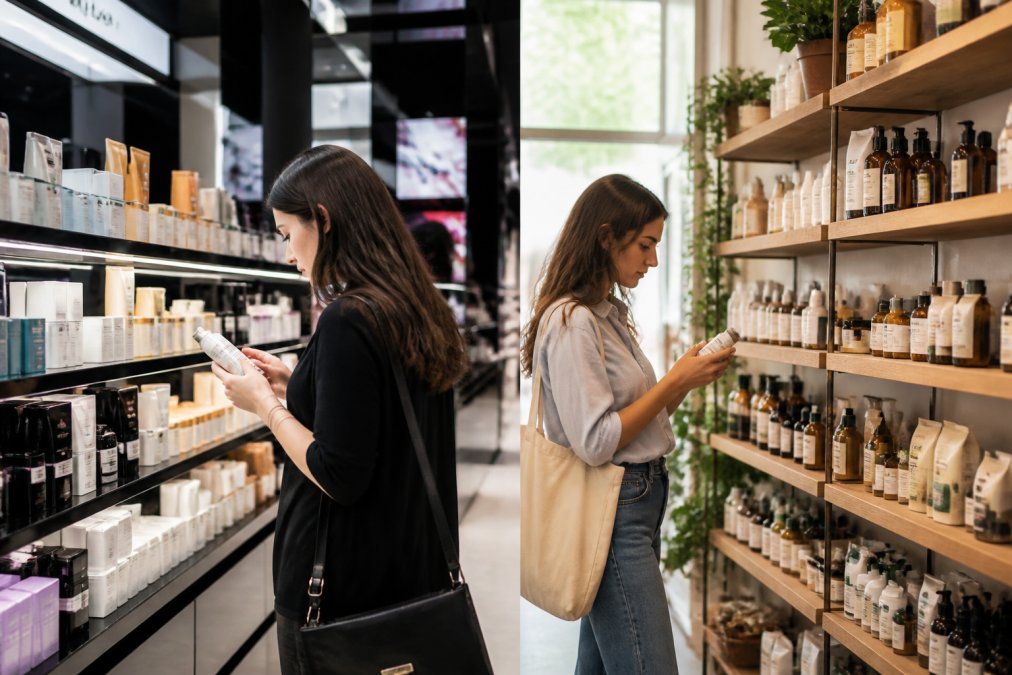 Woman browsing skincare products on shelves in a modern beauty store, examining product labels and bottles with natural morning light streaming through large windows