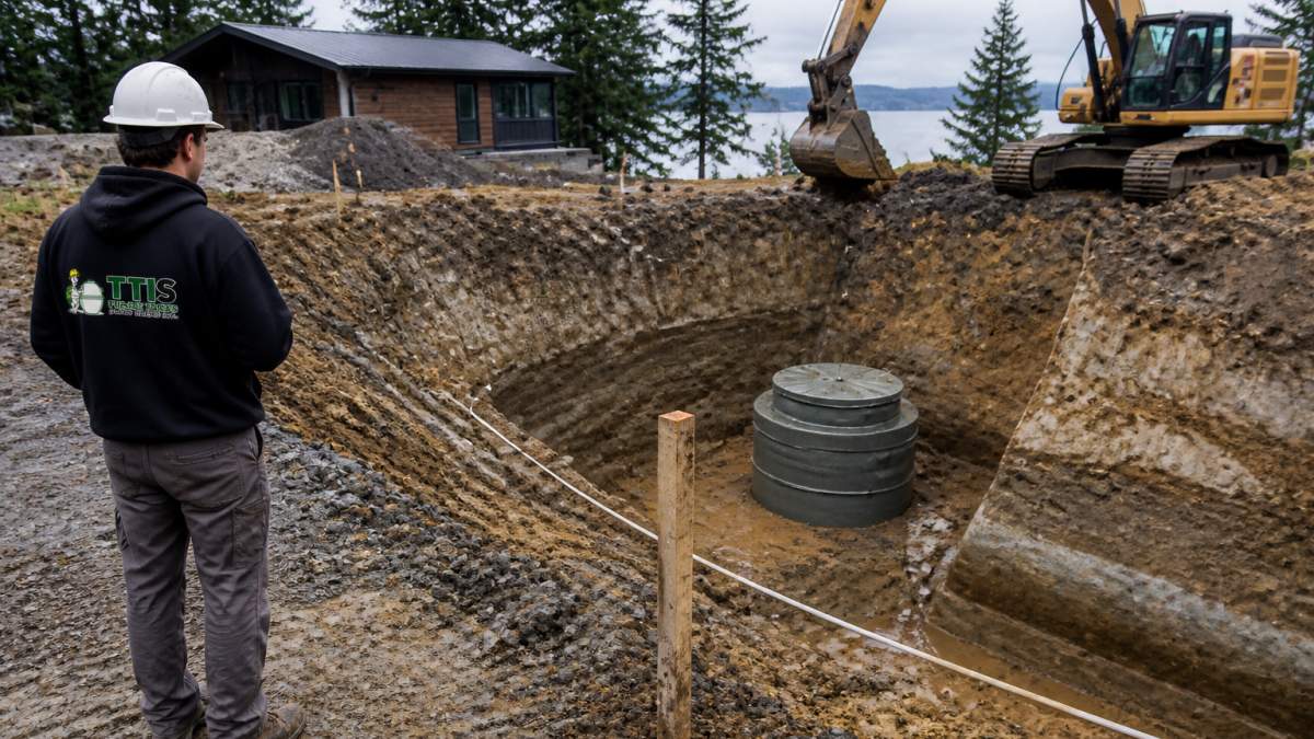 Infographic showing site factors affecting septic system installation including soil layers and groundwater.