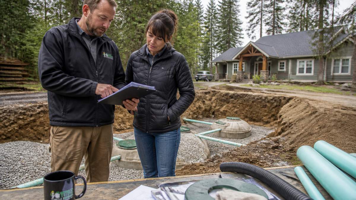 Septic professional and homeowner reviewing an estimate for septic replacement cost at an excavation site.