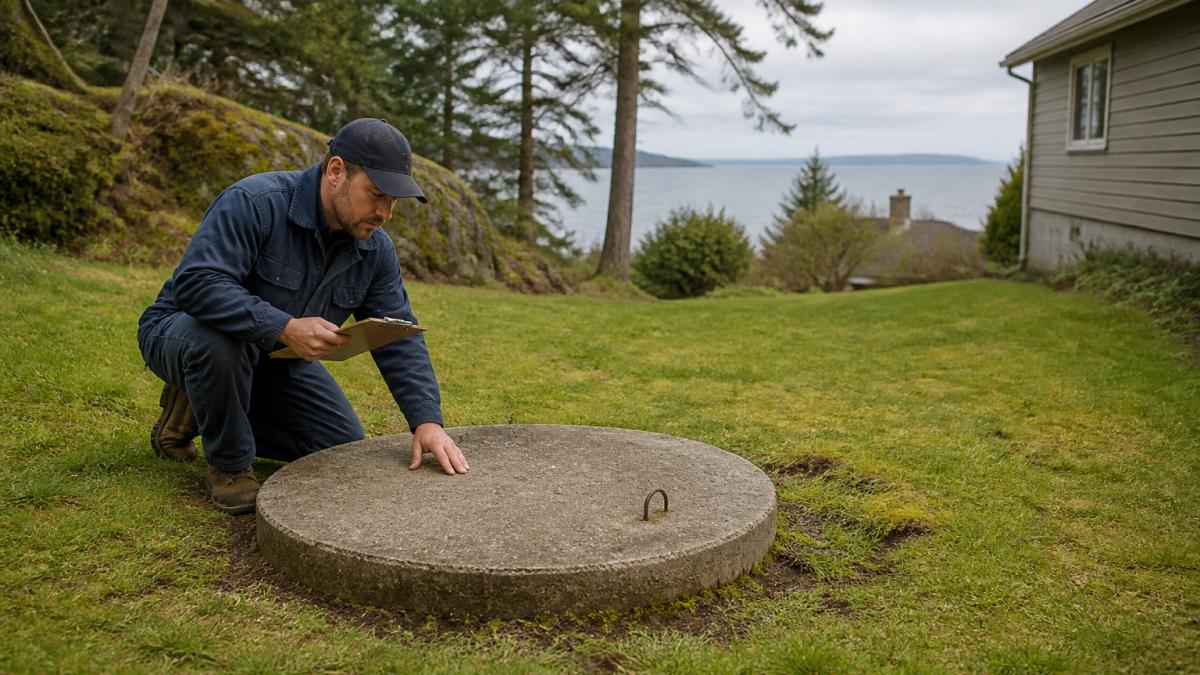 Septic professional inspecting a concrete tank lid during a septic system upgrade assessment in a backyard