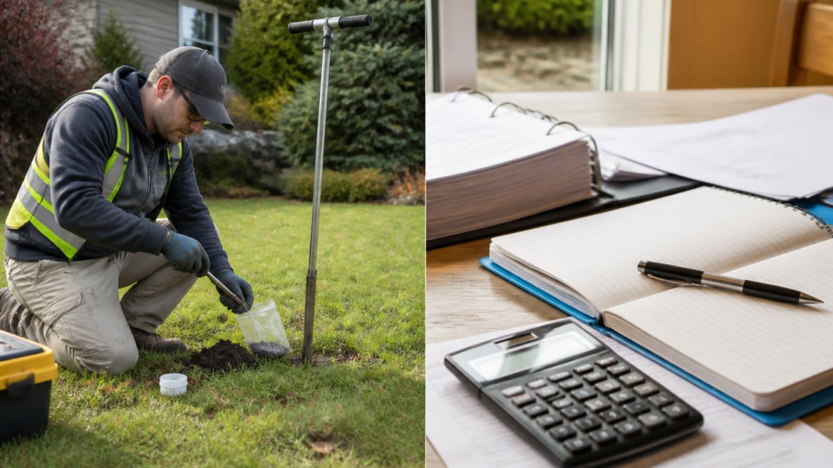 Professional surveyor conducting soil testing on residential property, examining ground conditions with measuring tools and soil samples in natural daylight