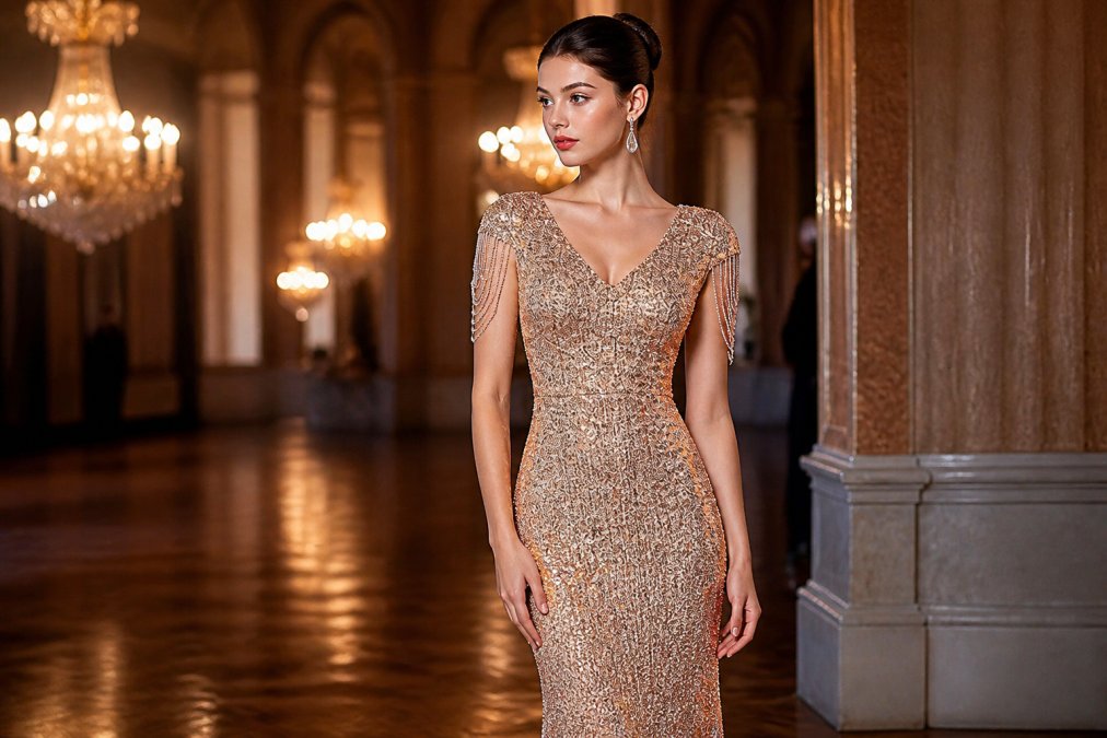 Woman wearing a sequin evening gown with minimalist silver drop earrings and sleek pulled-back hair, posing under warm ballroom lighting that highlights the shimmering beaded embellishment and dimensional sparkle