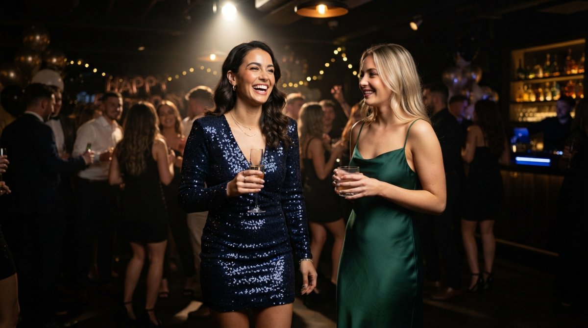 Woman wearing a shimmering sequin dress under party lighting, showing intense sparkle and luminous effect against a darker background, with another woman in matte satin dress beside her for subtle glow comparison