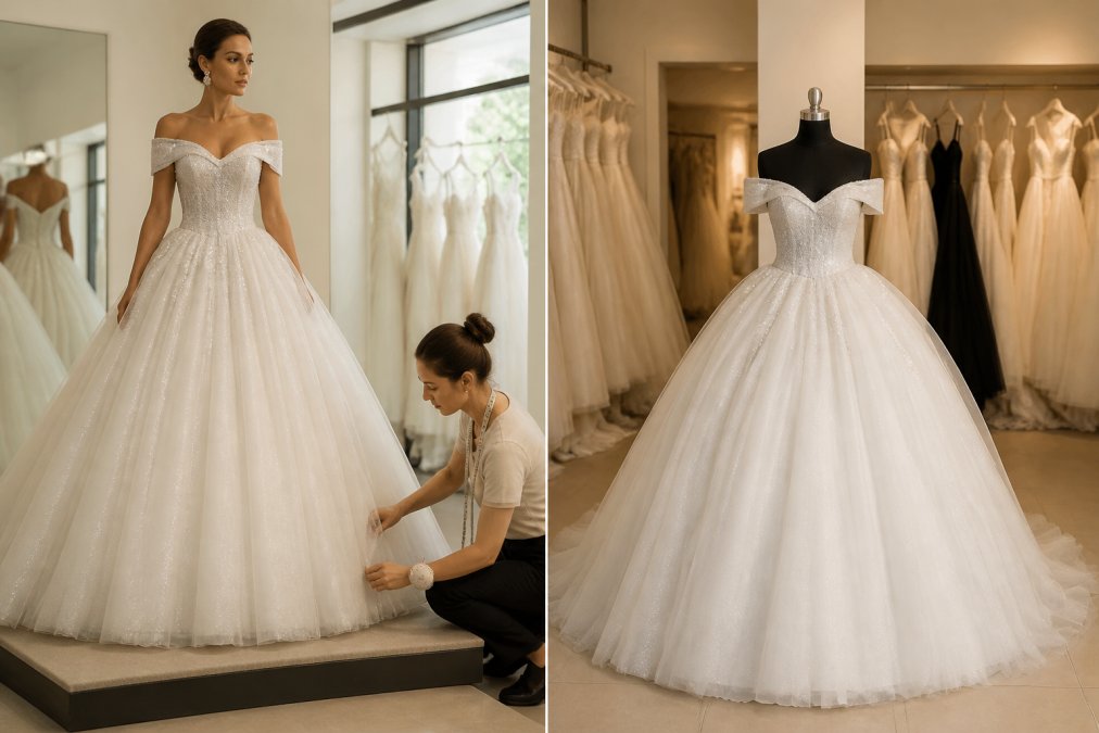 Bride in a bright fitting room standing on a platform while a skilled tailor adjusts the hem and seams of a customized wedding dress with pins and measuring tape