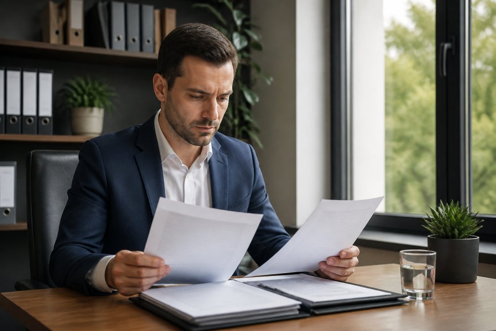 Unternehmer sitzt an modernem Schreibtisch und überprüft Geschäftsdokumente, auf dem Bildschirm sind Unternehmensstrukturen und Verträge sichtbar, natürliches Licht fällt durch das Fenster
