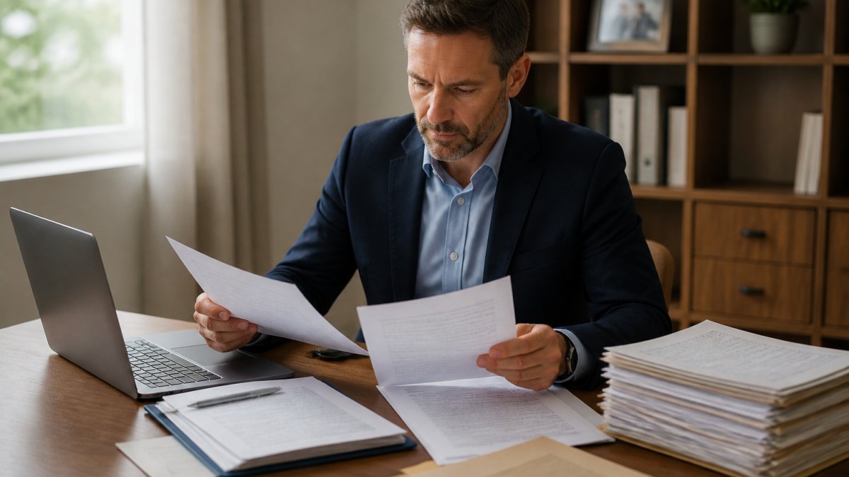 Professional real estate investor sitting at a wooden desk reviewing property deeds and LLC formation documents with a laptop and organized file folders nearby, natural window lighting