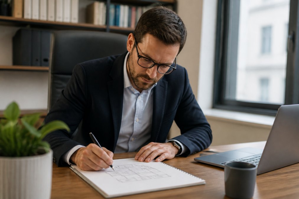 Ein deutscher Unternehmer sitzt an einem modernen Schreibtisch und skizziert mit Stift auf einem Notizblock eine Unternehmensstruktur mit einer Hauptgesellschaft und mehreren Untereinheiten, daneben ein Laptop mit E-Mail-Eingang