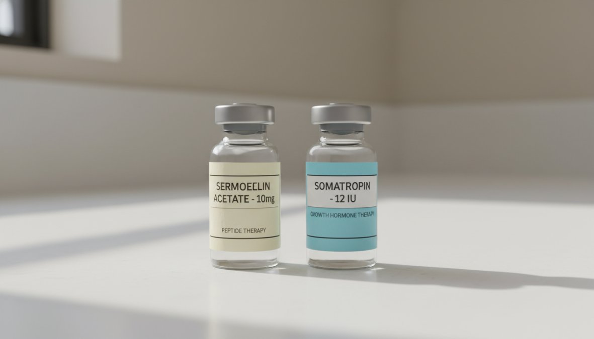 Two small medical vials side by side on a clean white surface, one with a peptide label and one with a hormone therapy label, soft natural lighting against a neutral background