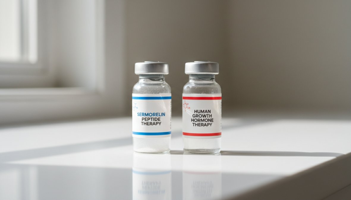 A licensed clinician in a white coat reviewing a patient's hormone lab results on a tablet in a clean, modern medical office, warm overhead lighting, patient seated across the desk