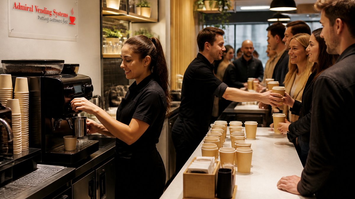 Barista uses a commercial machine to serve fresh hot drinks on demand during a busy shift in a modern cafe.