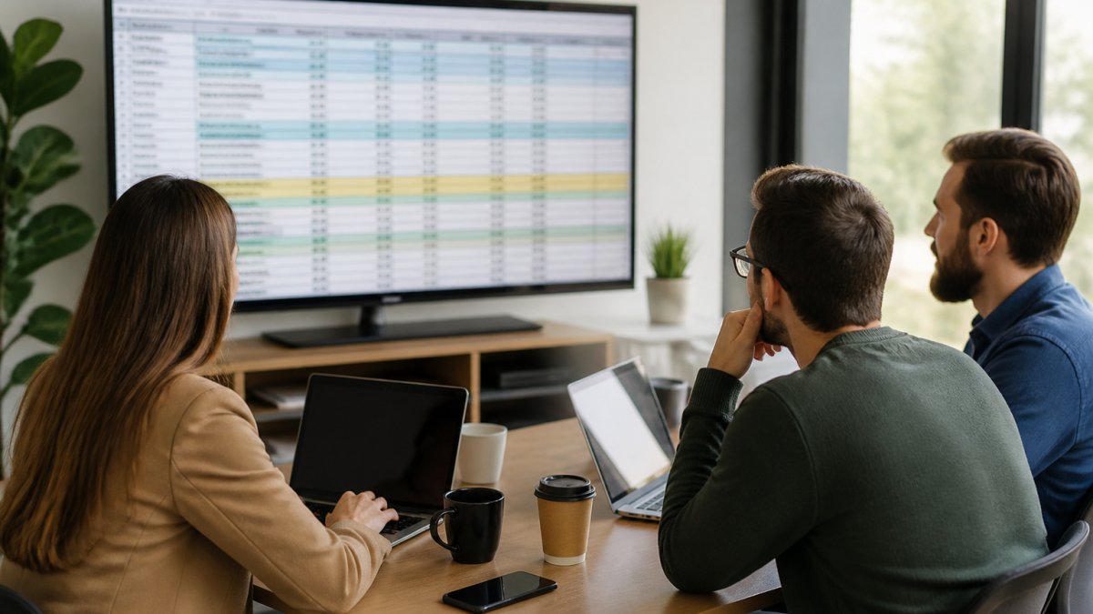 A small web agency team of three people gathered around a desk with laptops, reviewing a hosting comparison spreadsheet on a large monitor in a bright office
