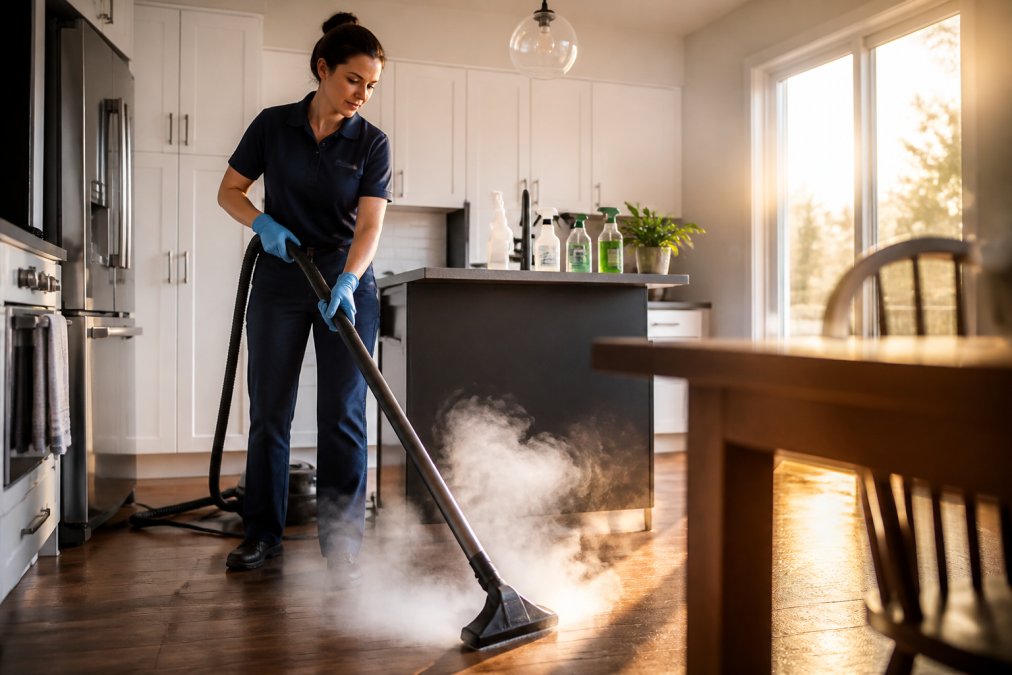 Une professionnelle de l'entretien en uniforme utilisant un nettoyeur à vapeur sur un plancher de cuisine résidentiel, produits de nettoyage écologiques visibles sur le comptoir en arrière-plan, lumière naturelle de fin d'après-midi