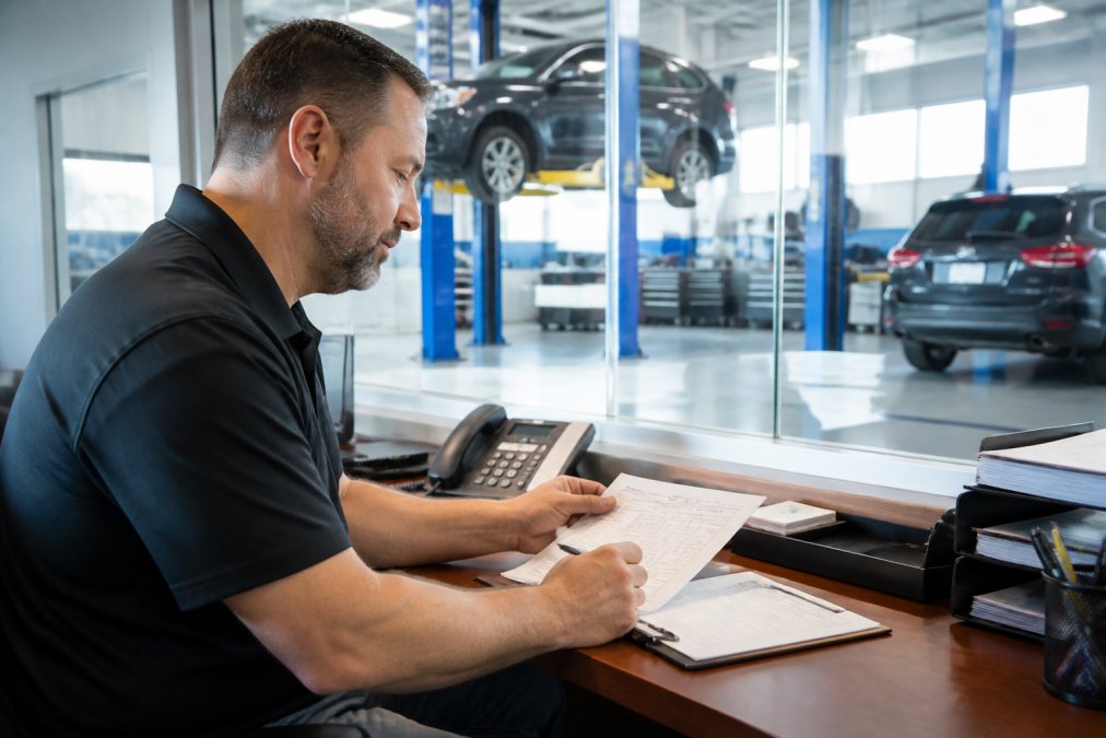 Service manager reviewing customer data and service schedules on desktop computer in modern dealership office with service department visible in background